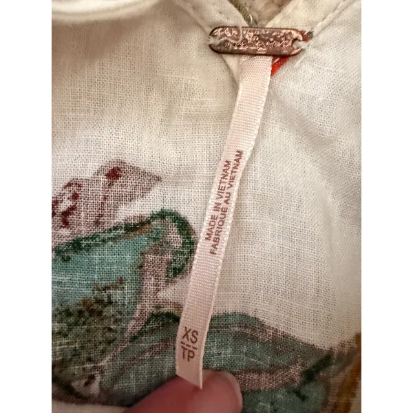 Free People Floral Linen Tunic Summer In Tulum Top XS Boho Ruffle Ivory - Image 4