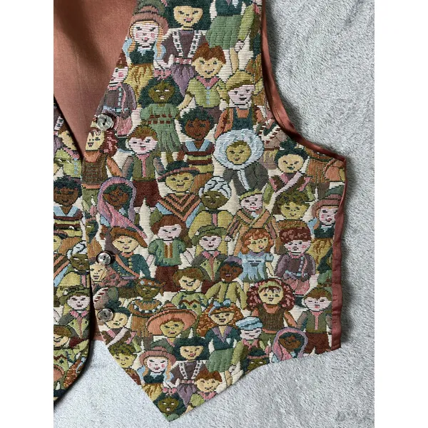 Vintage Novelty Tapestry Vest Folk Art Storybook Cottagecore‎ Grandpa Chic Med - Image 2