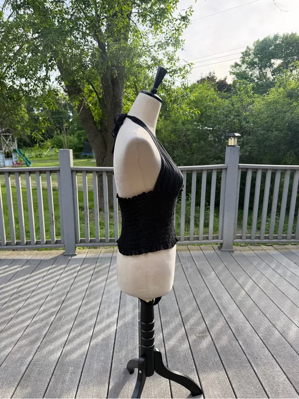 Black Smocked Halter Top Open Back Cotton Y2K Large - Image 3