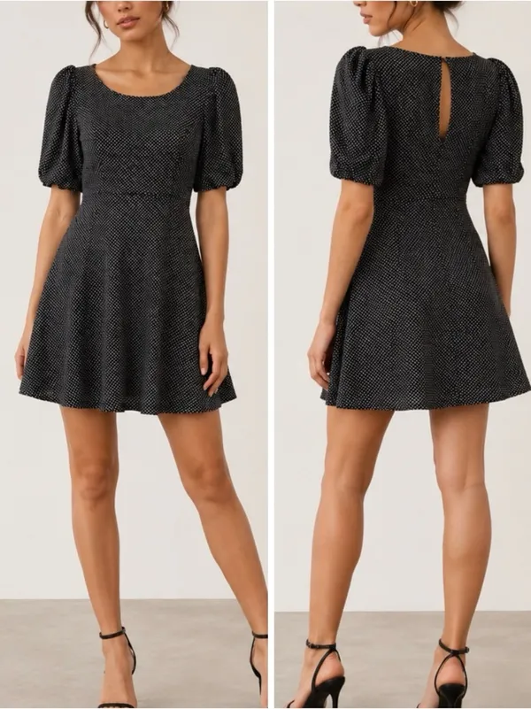 Free People Penelope Puff Sleeve Polka Dot Black Fit & Flare Mini Dress - Image 8