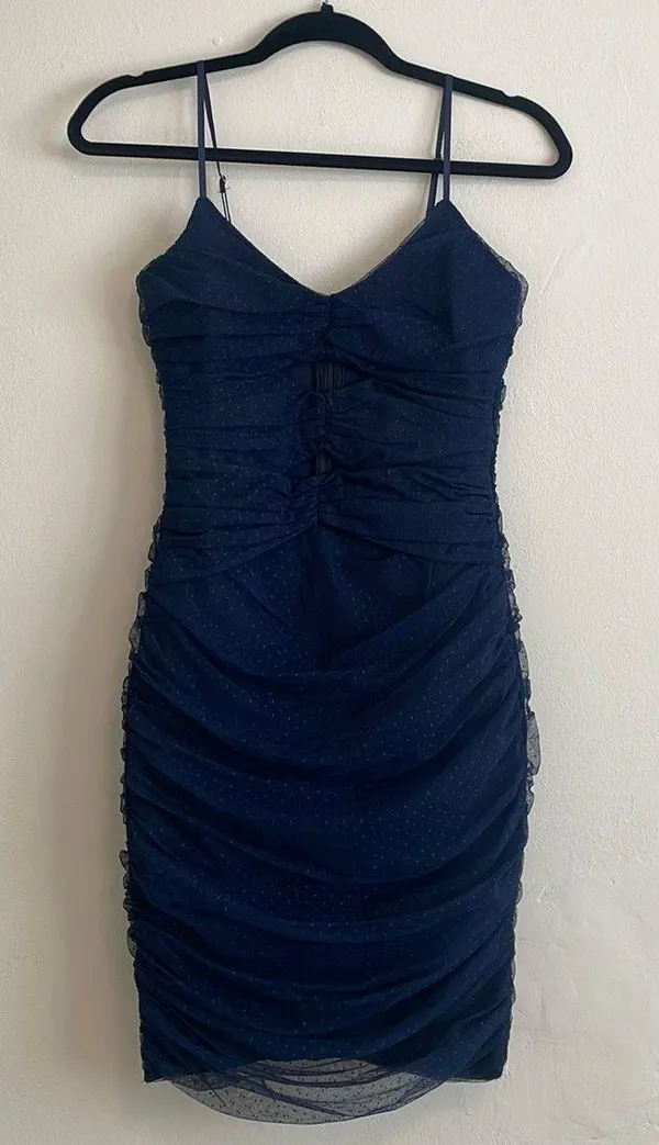 NWT Posh Outlook Navy Blue Swiss Dot Cutout Bodycon Dress - Image 3