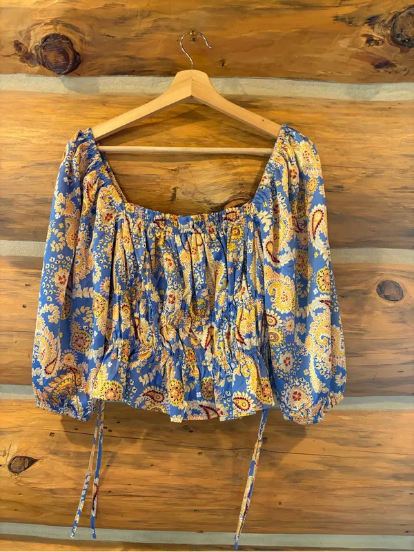 Lulus Staying Cute Blue Paisley Satin Ruffled Long Sleeve Top size Medium - Image 2