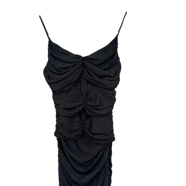 Oh Polly Black Ruched Mesh Cutout Bodycon Midi Dress Spaghetti Strap US 0 - Image 5