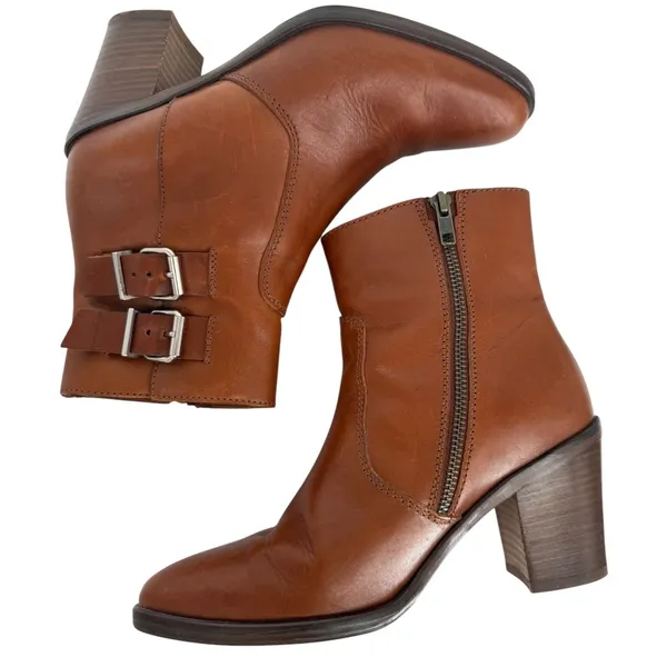 J. Crew Women's Leather Ankle Boots‎ Brown Buckle Block Heel Side Zip Size 7.5 - Image 6