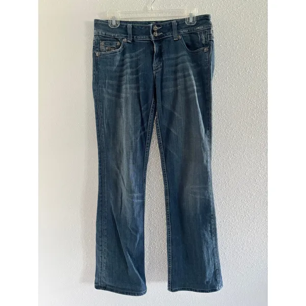 Miss Me Jeans‎ Women 39 Medium Wash Denim Low Rise Boot Bling Embellished Y2K - Image 2