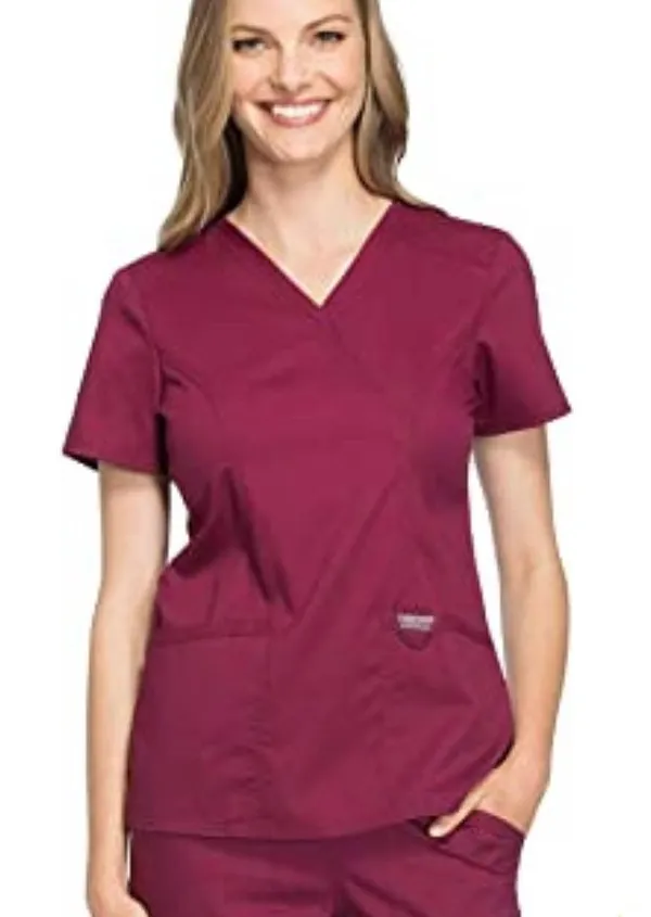 Cherokee Workwear Mock Wrap Medical Scrubs Top Burgundy Wine Size Small - Image 2