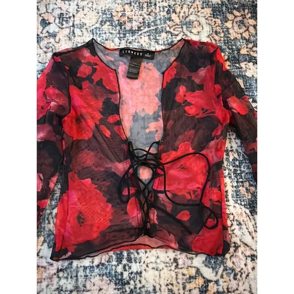 Lioness Mesh Top Women S Red Black Floral Lace Up Grunge Goth‎ Y2K Romantic - Image 6
