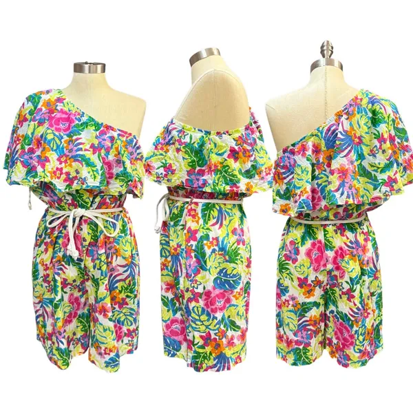 True Destinations XL One Shoulder Floral Ruffle Romper Multi Color Cotton Boho - Image 2