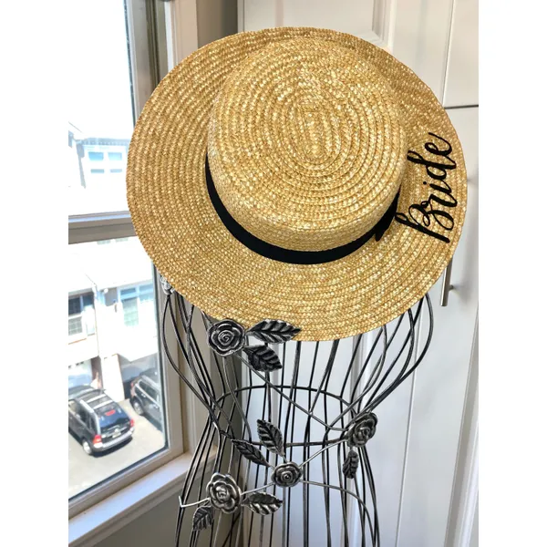 Bride Custom Wicker Straw Hat w/ Black Bow Hand Painted Vynl - Image 8