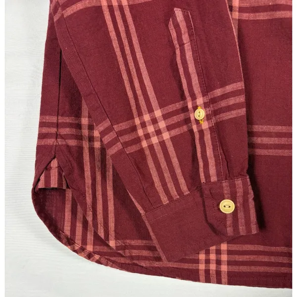 LL Bean Signature Womens‎ Small Burgundy Plaid Cotton Flannel Popover Shirt - Image 3