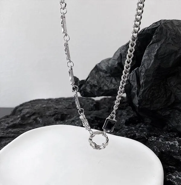 Titanium Steel Artificial Black Gem Ring Pendant Necklace for Men Women - Image 3