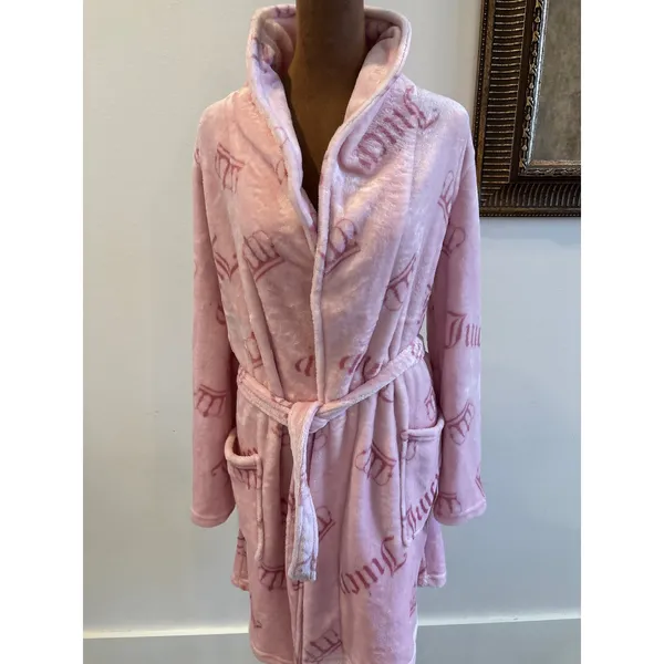 Juicy Couture Pink Crown Logo Plush Fleece Robe L/XL Shawl Collar Long Sleeve - Image 2