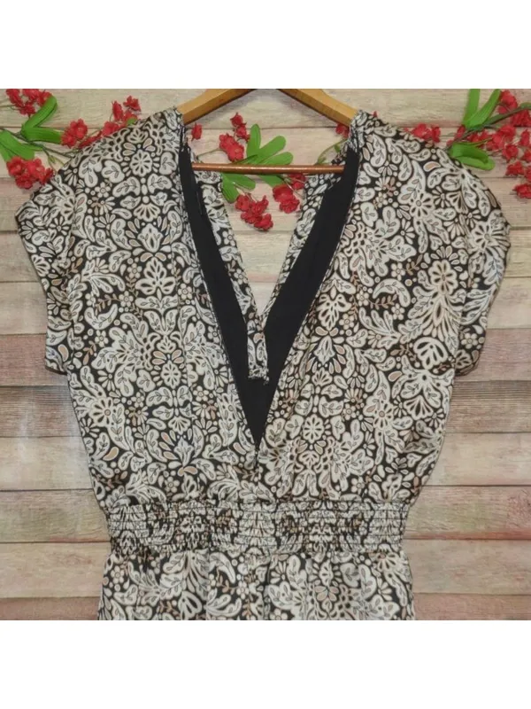 MSK Jumpsuit Womens L Black Beige Paisley Wide Leg Smocked Waist Boho - Image 9