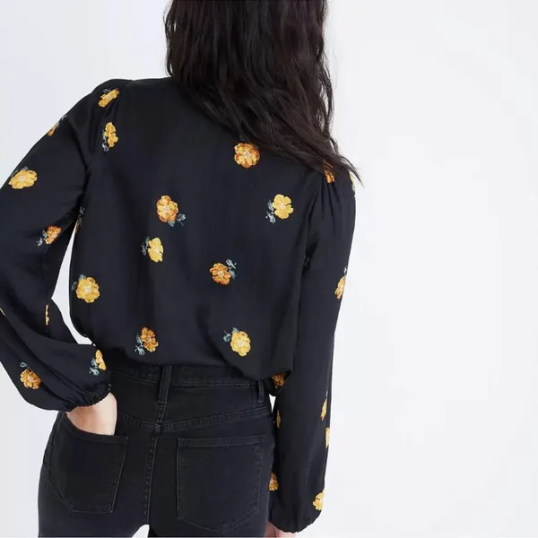 Madewell Bubble-Sleeve Black Wrap Top with Yellow Gold Floating Florets S - Image 3