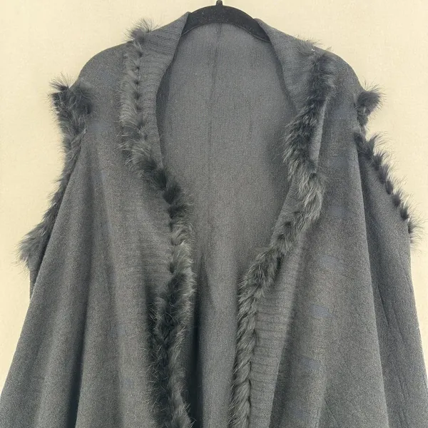 Black Faux Fur Trim Poncho Vest Women Fringe Shawl Cape Boho Gothic One Size - Image 3