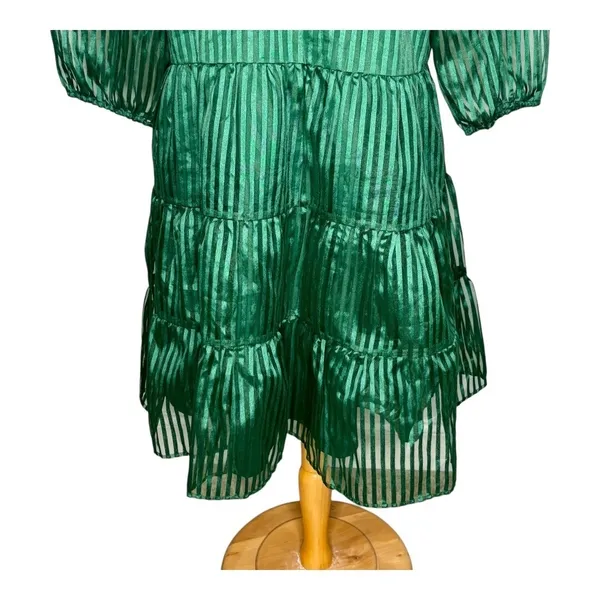 Crown & Ivy Tiered Mini Dress Womens Large‎ Green Striped Puff Sleeve Babydoll - Image 10