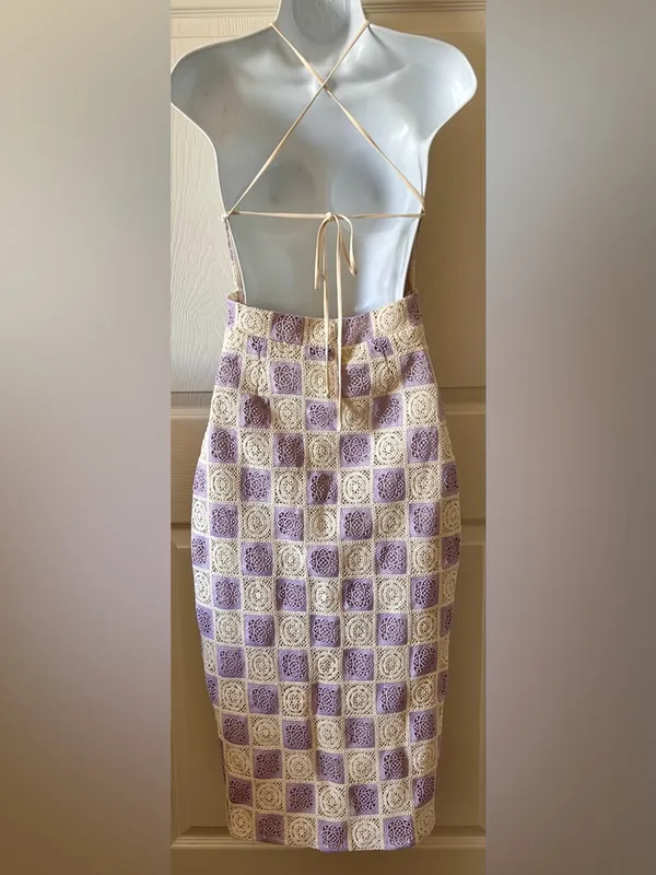 Anthropologie FORE‎ COLLECTION Lilac/Cream Checkered Crochet Halter Dress Autumn Wedding Guest - Image 11