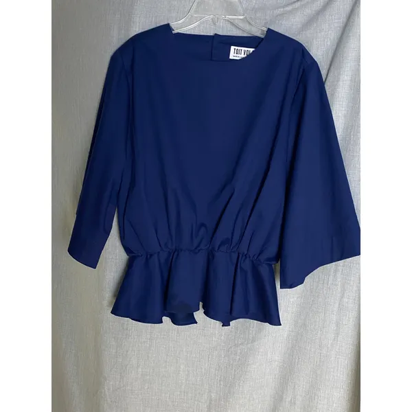 Toit‎ Volant Navy Open Back Peplum Blouse Bell Sleeve Top M USA - Image 11