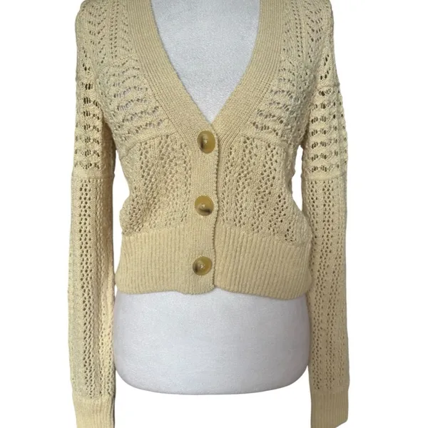 Anthropologie Pointelle Knit Cardigan Sweater Cream Cotton Open Knit Womens XS - Image 4