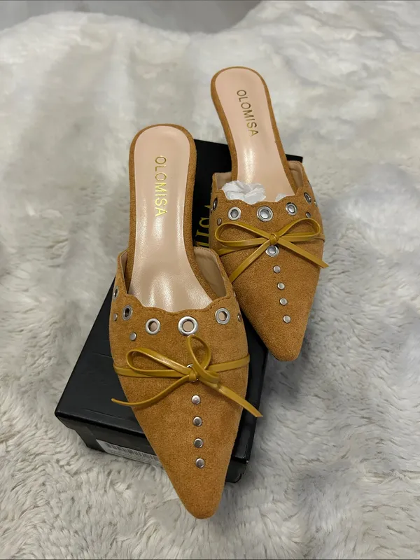 Olomisa Faux Suede Kitten Heel Mules Mustard - Image 3