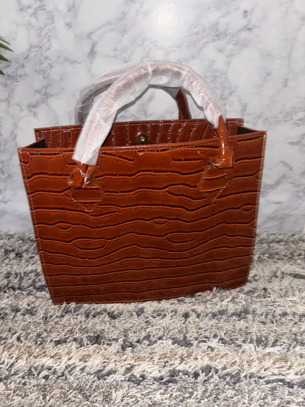 Brown Croc Embossed Top Handle Handbag with Scarf - Image 4