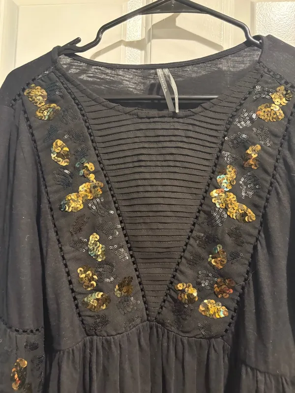 Anthropologie Neale Sequined Peplum Top blouse boho cottagecore M black - Image 3