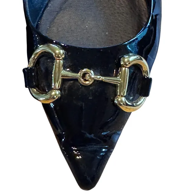 Jeffrey Campbell Black Patent Leather Slingback Flats Gold Hardware Pointed Toe - Image 4