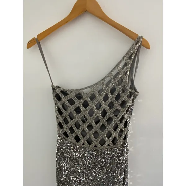Scala One Shoulder Silver form fitting dress‎ with high slits size MED - Image 7