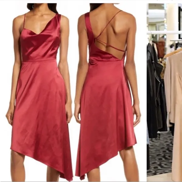Lulus Sereno Wine Satin Cowl Neck Asymmetrical Midi Dress Small S - Image 2