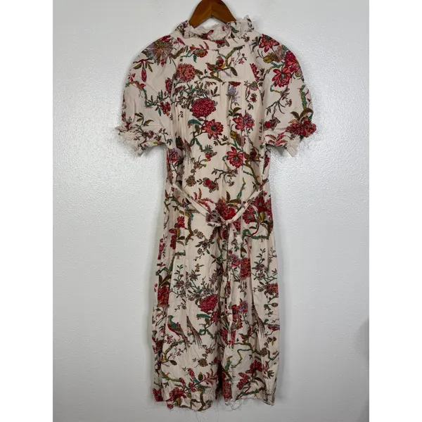 Pilcro Linen Blend Floral Bird Print Ruffle Midi Dress Puff Sleeve Cream Multi 4 - Image 2
