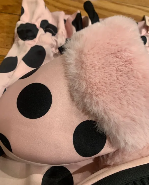 Victoria's Secret Signature Satin Slippers Pink/Black Polka Dot /Faux Fur M7/8 - Image 9