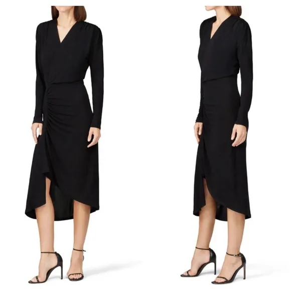ATLEIN Black Long Sleeve Ruched Asymmetric‎ V Neck Midi Dress Size 6 Formal - Image 2