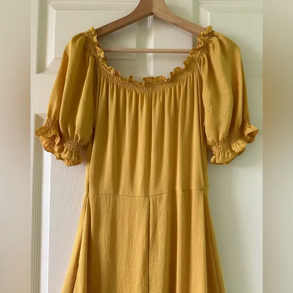 👗🌺Anthropologie Yellow Midi Dress M 6 8 Boho Cottagecore Puff Sleeve Ruffle Trim - Image 10