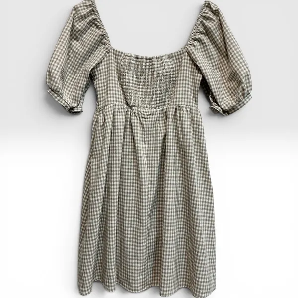 Pomander Place Tuckernuck Gingham‎ Abigail Dress Tan White Puff Sleeve Mini XS - Image 2