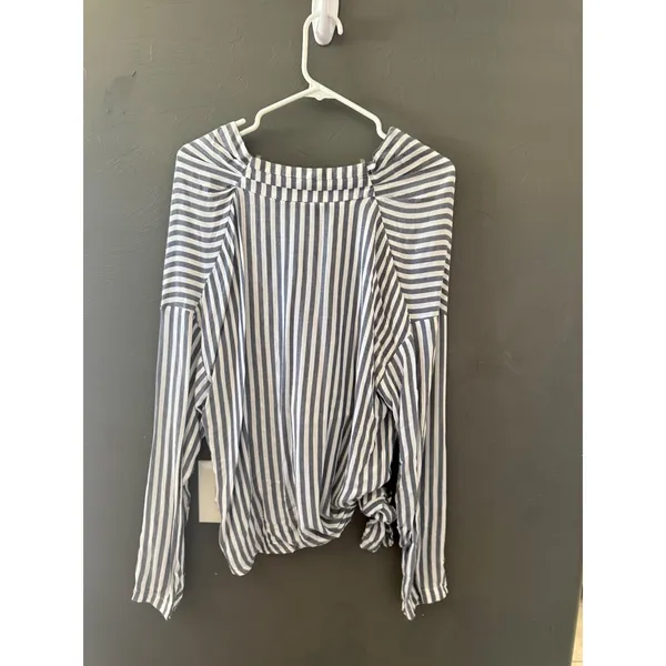 DO+BE Blue White Striped Front Tie Surplice V-Neck Long Sleeve Blouse Preppy M‎ - Image 6