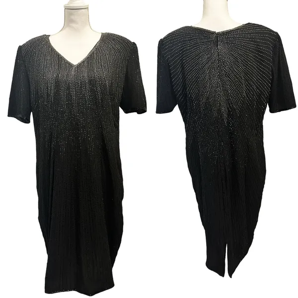 Vintage 80s Stenay Woman‎ Black Silk Beaded Sequin Cocktail Shift Dress Art Deco - Image 2