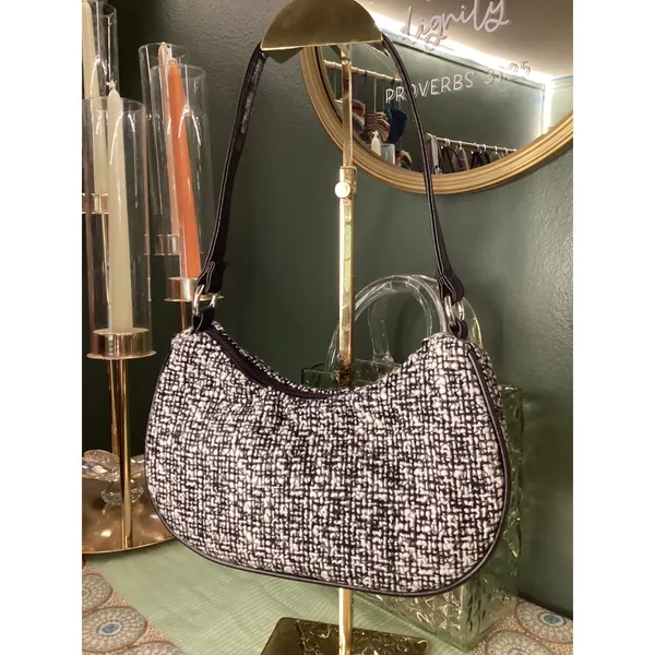 Black White Tweed Flower Rhinestone Shoulder Bag Hobo Purse with Scarf Accessory - Image 4