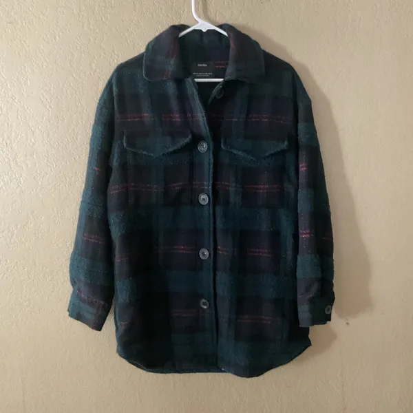 Bershka Women’s XS/S Plaid Oversized Shacket Jacket Teal Black Button Front - Image 6