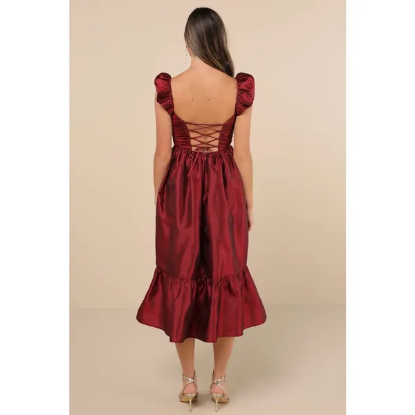 Lulus Poised Passion Wine Red Taffeta Pleated Ruffled Midi Dress Large NWT - Image 2
