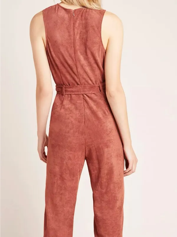 Anthropologie Sleeveless Faux Suede-Look Belted Jumpsuit in‎ Rust Brown large - Image 2