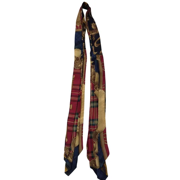 Womens 100% Silk Skinny Scarf Multicolor Baroque Plaid Neck Hair Tie 24x2in Boho - Image 2