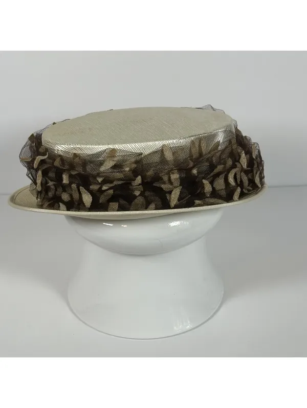 Vintage Ladies' Ivory Satin Hat with Brown Leaf Detail - Image 3