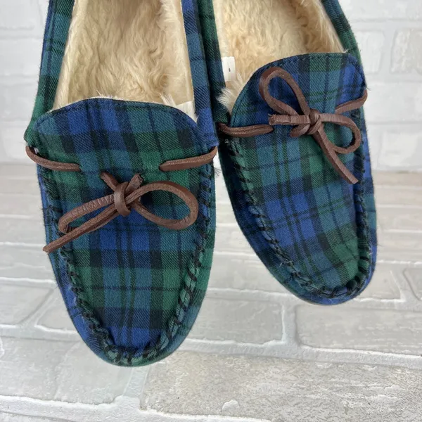 J Crew Slippers Womens 8 Green Blue Plaid Faux Shearling Fur Lining Moccasin - Image 12