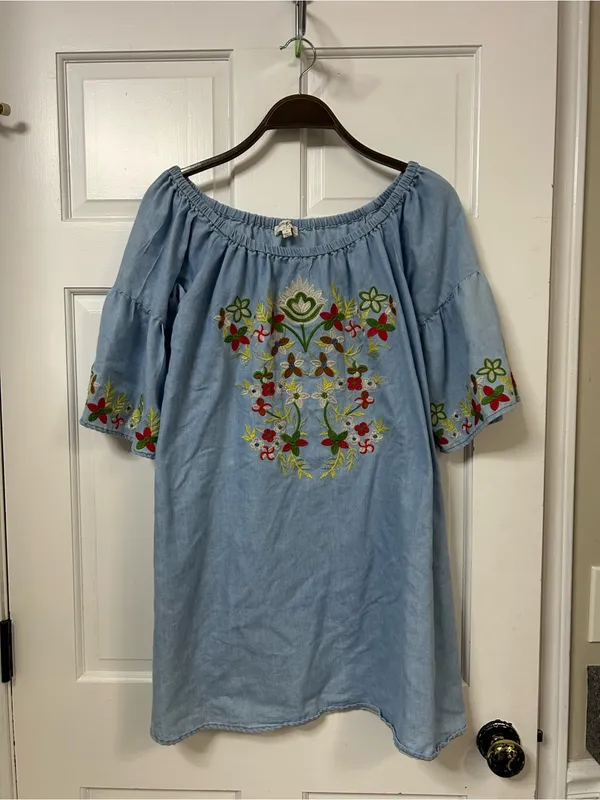Umgee Light Blue Off-Shoulder Embroidered Dress - Image 5