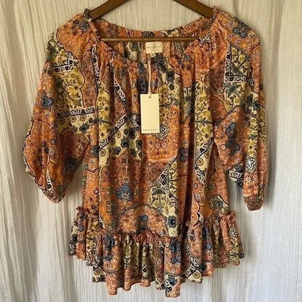 Melloday Small NWT Patchwork Peplum Off Shoulder Ruffle Blouse Top - Image 3