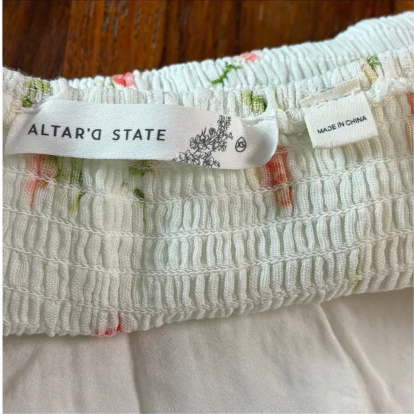 Altar'd State White Pink Floral Cotton Gauze Puff Sleeve Mini Dress XS CDE3728 - Image 3