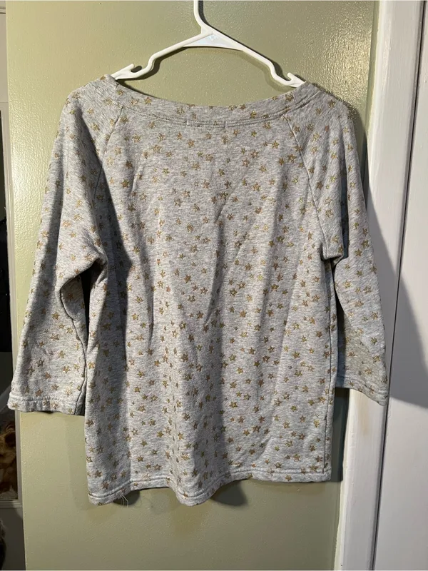 Gap Women’s Sz Medium Sweatshirt 3/4 Sleeve Heather Gray Gold Glitter Star Print - Image 6