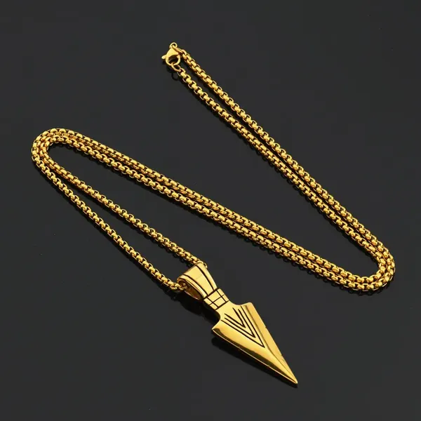 Gold Arrowhead Mens Arrow Pendant Necklace 24" Chain - Native American Style - Image 2