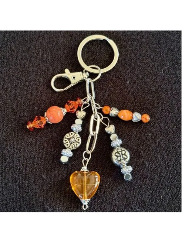 NEW Autumn Ember Handmade Beaded Bag Charm Keychain Orange Heart & Silver (#14) - Image 2