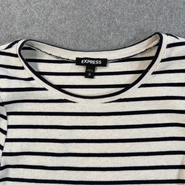 EXPRESS Women's X-Small Striped Ribbed Knit Puff Sleeve Top Cream Black Blouse - Image 3